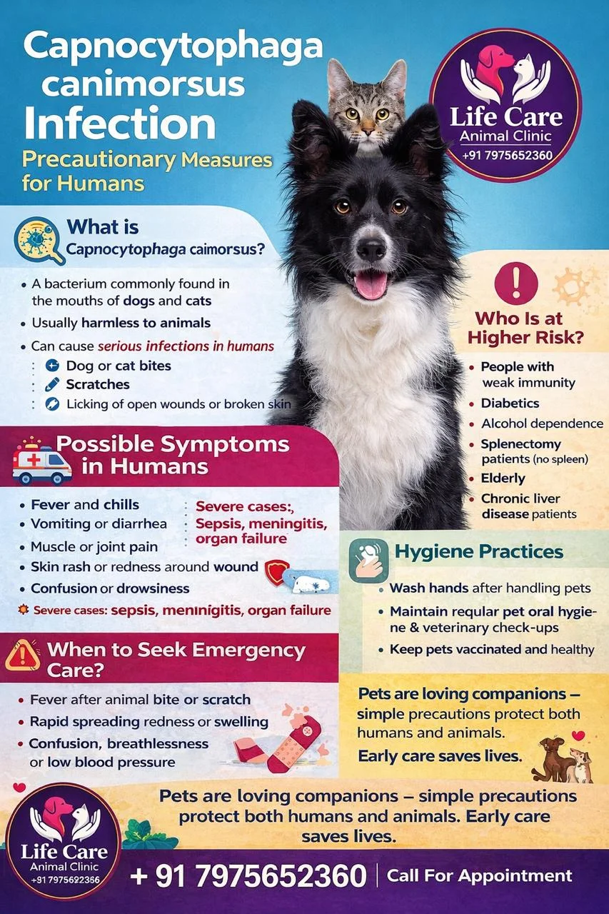 Infographic: Capnocytophaga canimorsus infection — precautionary measures for humans showing transmission routes, symptoms, risk factors, emergency signs, and hygiene practices for pet owners