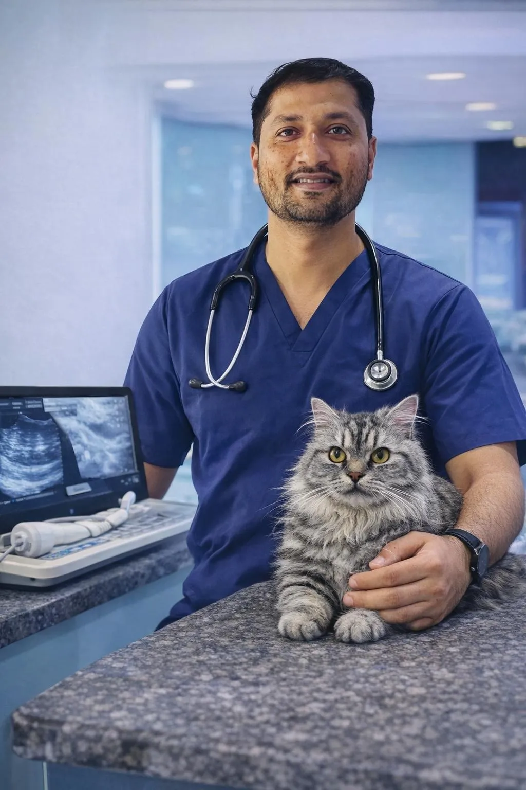 Dr. Ajay Satbige, PhD Veterinarian at Life Care Animal Clinic Pune, examining a cat with ultrasound equipment